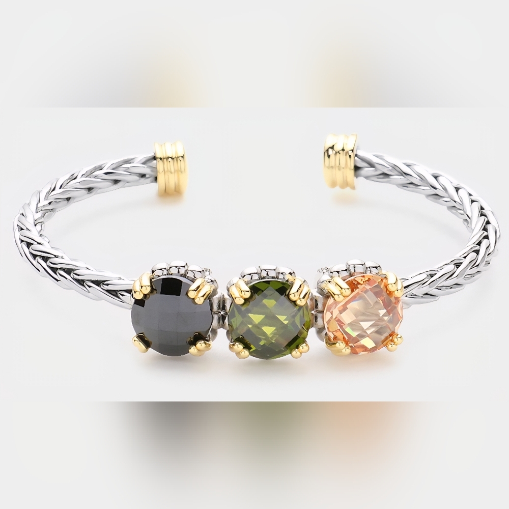 Triple Round CZ Stone Pointed Braided Metal Cuff Bracelet
